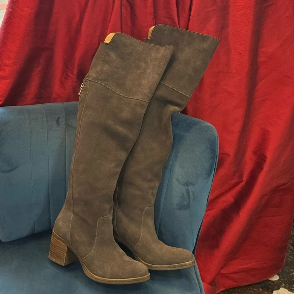 Lucky Brand Rayla OTK Boots Gray Suede Leather Size 8 Block Heel